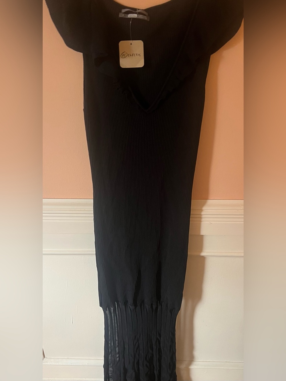 Anthropologie Maxi Dress Sweater Black Cap Sleeve V Neck Elegant Knit Sheer chic - Picture 8 of 14